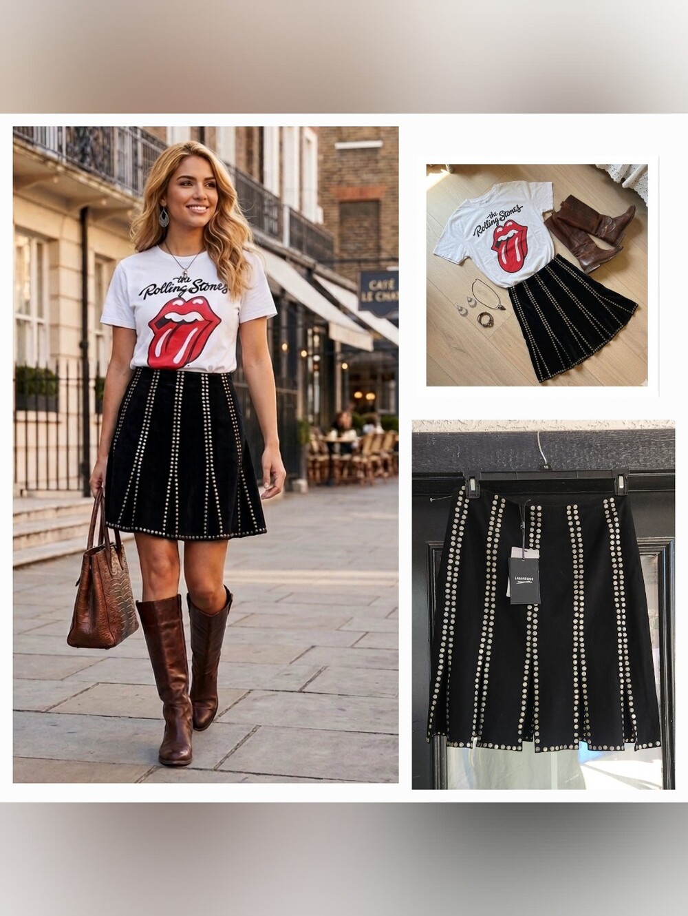 Lamborghini Black Leather Studded A-Line Skirt